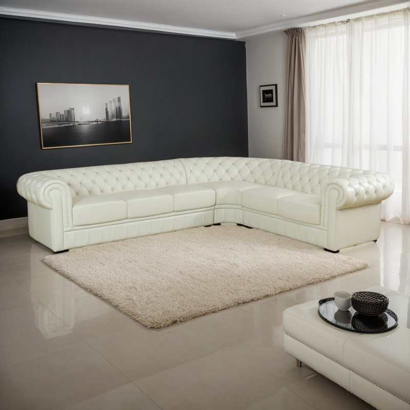 Handcrafted Cow Top Grain Leather 3-piece Chesterfield Sectional Sofa Set, Right Hand Facing, White