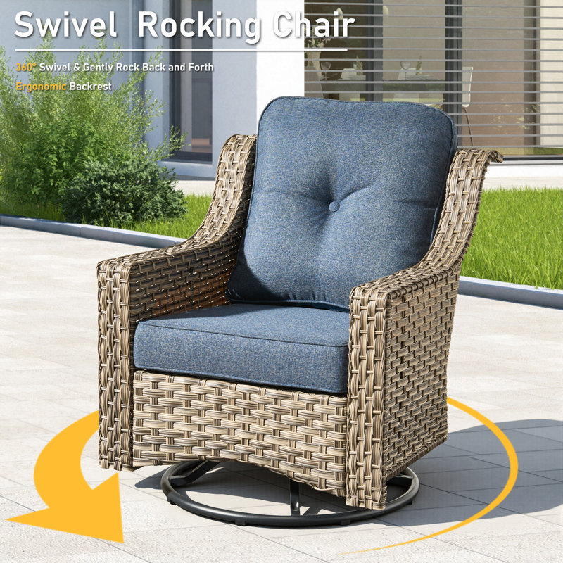 Daliya 7 - Person Outdoor Wicker Patio Conversation Furniture Set With Fire Pit Table And Swivel Rocking Chairs, Denim Blue