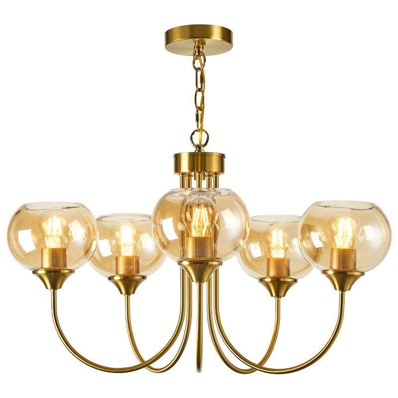 Lustre moderne 26 po Mid-Century, 5 lumières avec verre ambré, Beige, Chaîne de suspension, 5 lumières