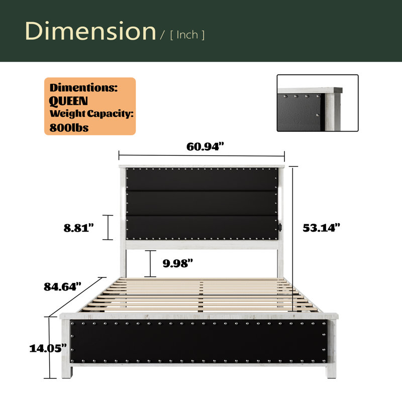 Structure de lit avec tête de lit tapissier, avec station de charge et lumières DEL, lattes de bois, similicuir et rivets, aucun sommier nécessaire