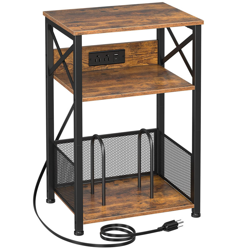 Record Player Stand With Charging Station, Turntable Stand With Storage Cabinet, 3 Tier End Table Hold Up To 100 Albums, Record Stand For Vinyl, Living Room, Rustic Brown