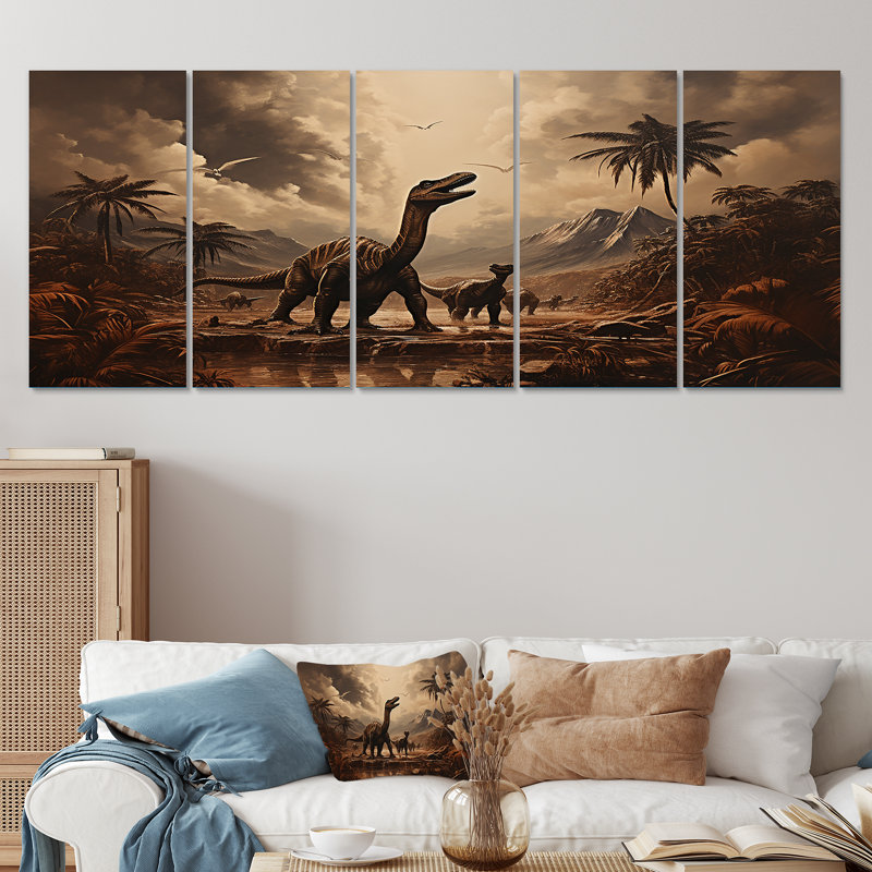 «Vintage Dinosaure paysage II» - ensemble d'art mural 5 pièces, H 32 po x l 80 po
