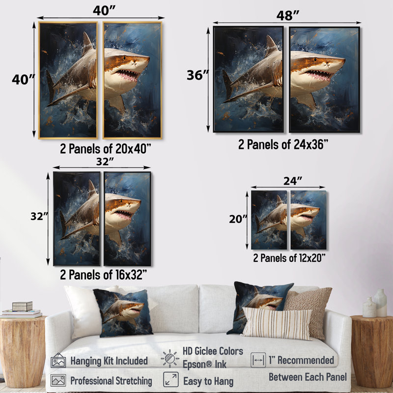 Underwater Shark Attack I - Décoration murale moderne verte, H 32 po x l 32 po, Toile tendue, Ne s’applique pas