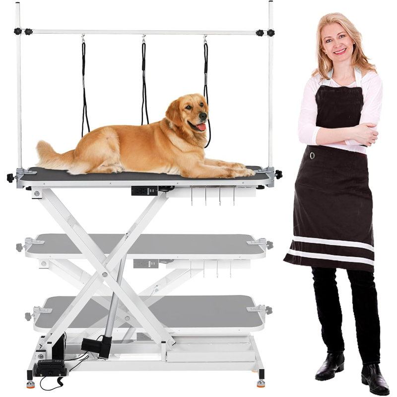 Table de toilettage électrique pour chien de 48 po, table de toilettage hydraulique à hauteur réglable (9,4 po à 39,4 po) avec contrôle au pied, X-Lift, plateau de table antidérapant