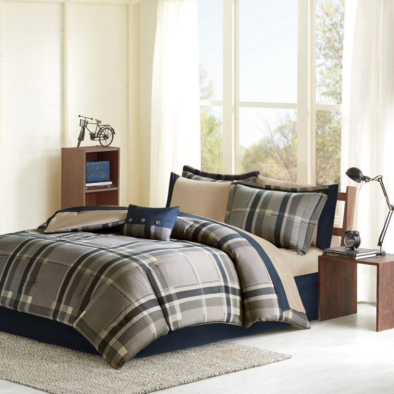 Robbie Plaid Comforter Set with Bed Sheets, Navy/Taupe, Queen Comforter + 8 Additional Pieces