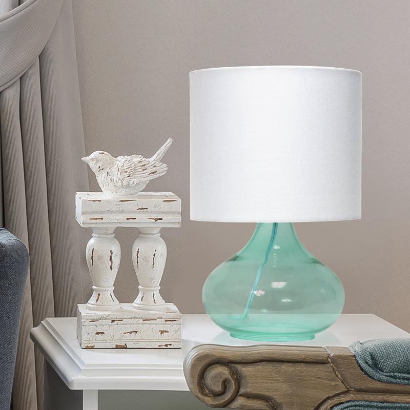 Aqua Glass Gourd Nightstand Lamp with White Barrel Shade