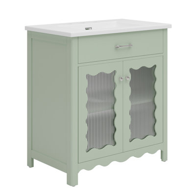 Meuble-lavabo de 31 po avec lavabo rectangulaire en céramique, rangement spacieux, rayures verticales et pieds en bois d'hévéa pour une fixation stable et confortable, portes en verre rayé, faux tiroir, charnières à fermeture en douceur,