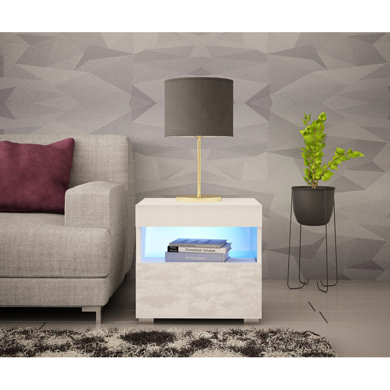 Aquilar 20" Nightstand with 16-Color LED Lighting, High Gloss Finish, Wall-Mounted, Off White