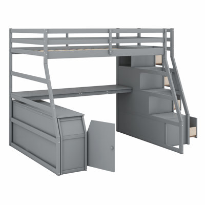 Lit mezzanine avec 7 tiroirs, 2 tablettes et un bureau