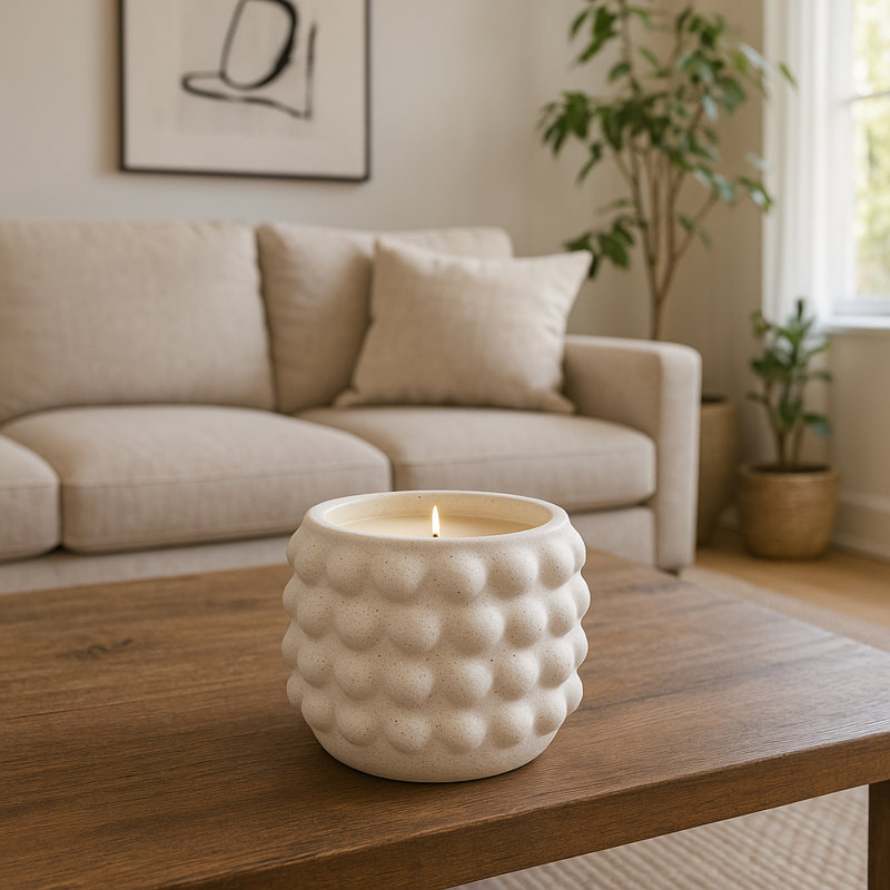 Bougie moderne en céramique et en grès avec vasque ronde texturée et surface à bulles pour une ambiance décorative