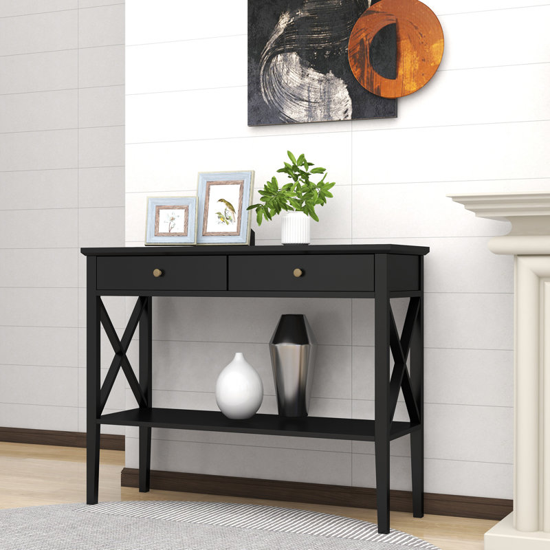 Console l 39,4 po avec 2 tiroirs et tablette de rangement, Noir