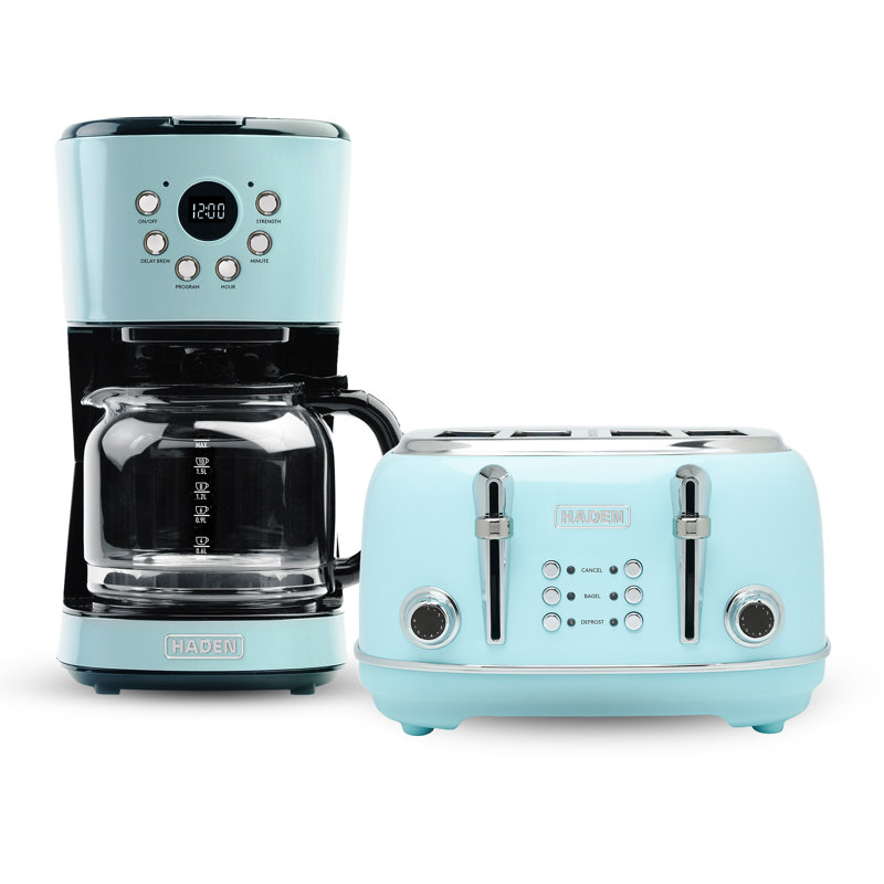 Haden Heritage 12 Cup Coffee Maker and 4 Slice Wide Slot Toaster, Turquoise