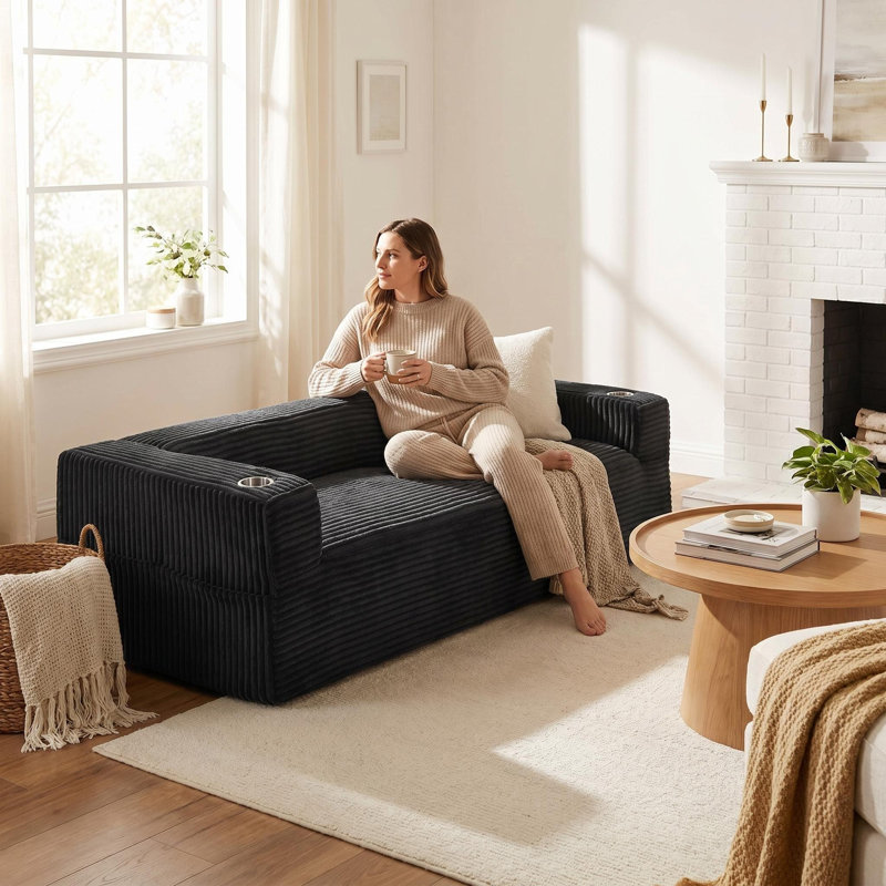 92" W Mid-Century Modern Corduroy Upholstered Compression Sofa  With Cup Holders and Side Pockets No Assembly Required, Black