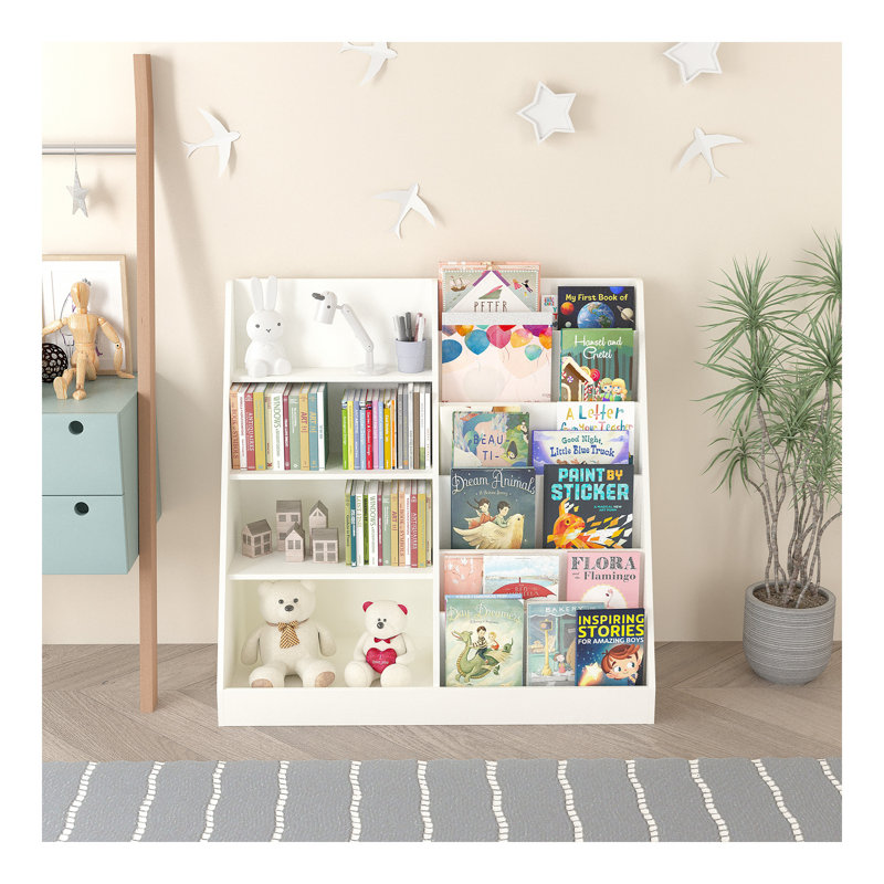 Bookshelf and Toy Storage Organizer, Multifunctional 4 Tier Wooden  Book Shelf with  Bookcase Display Stand in  Room Playroom Nursery for , ren, Toddlers