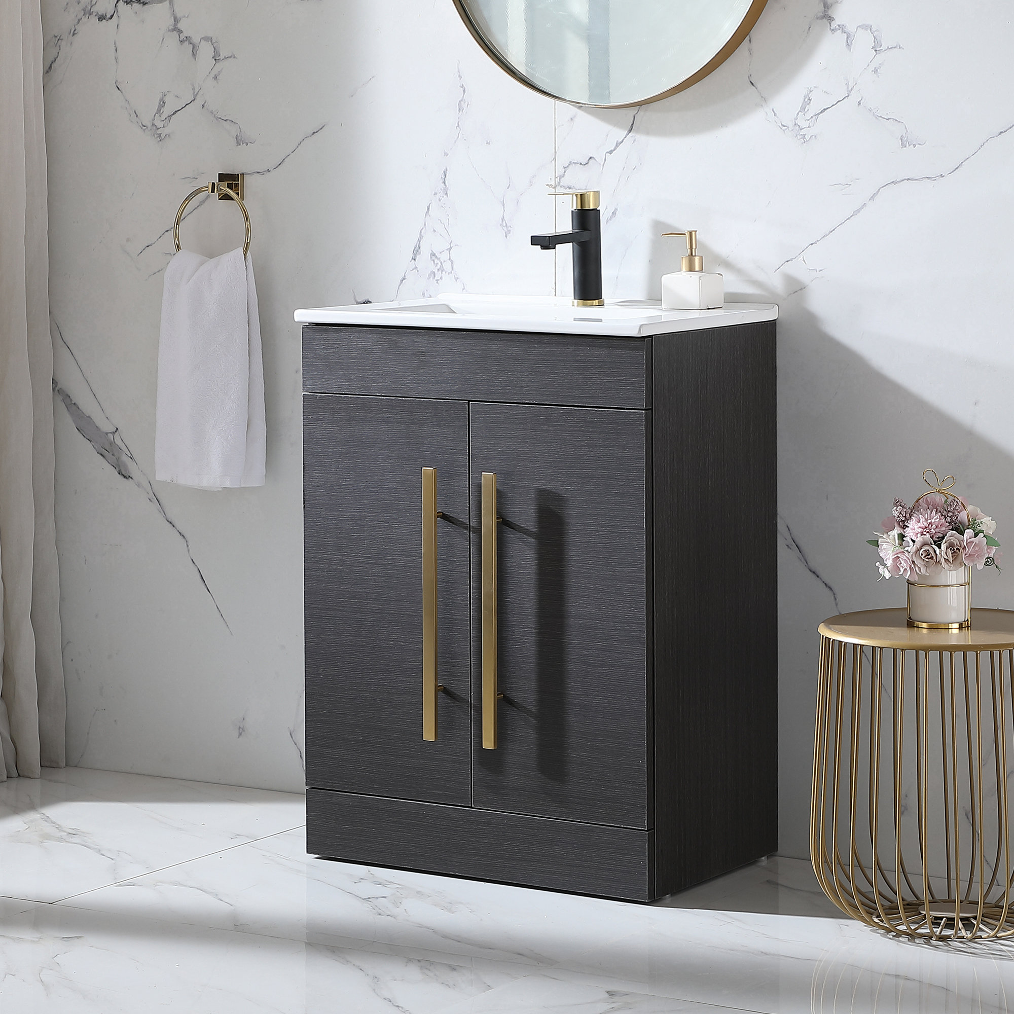 Freestanding Bathroom Storage Cabinet with LED Lighted in Black & Gold