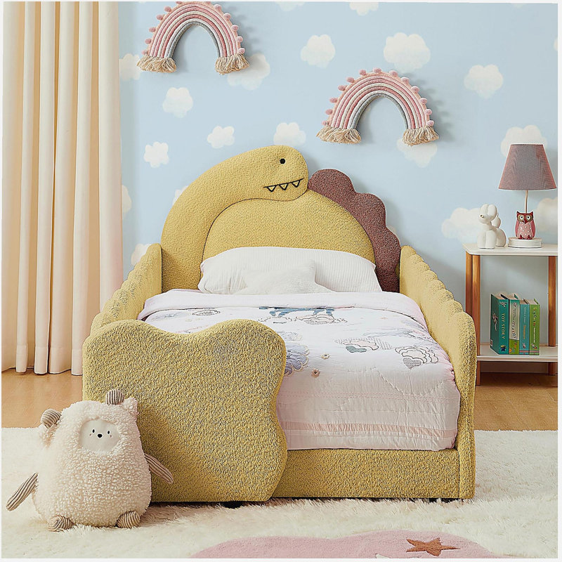 Lit simple pour enfant en forme de dinosaure avec garde-corps sécuritaire, structure de lit pour tout-petit en bois massif pour enfants pour la chambre à coucher, tissu Boucle