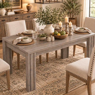 63-Inch Farmhouse Dining Table for 4-6 – Solid Wood Rectangular Kitchen Table with Thick Top & Sturdy Frame – Gray