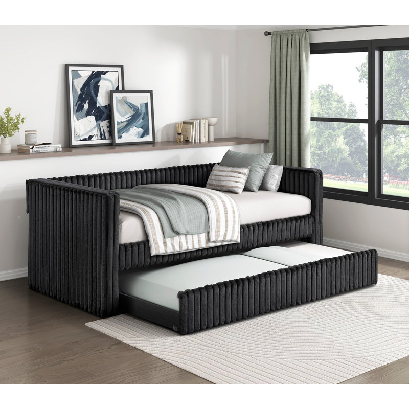 1Pc Daybed With Trundle Corduroy Fabric Upholstery, Black