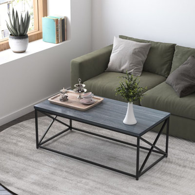 17" Single-Layer Coffee Table with X-Leg Steel Frame, Rustic Wood Look for Living Room
