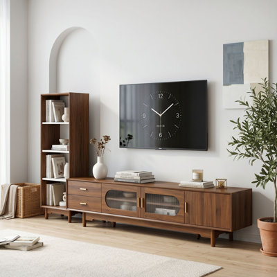 Meuble télé contemporain avec portes en verre cannelé, 2 tiroirs et trous de câbles intégrés