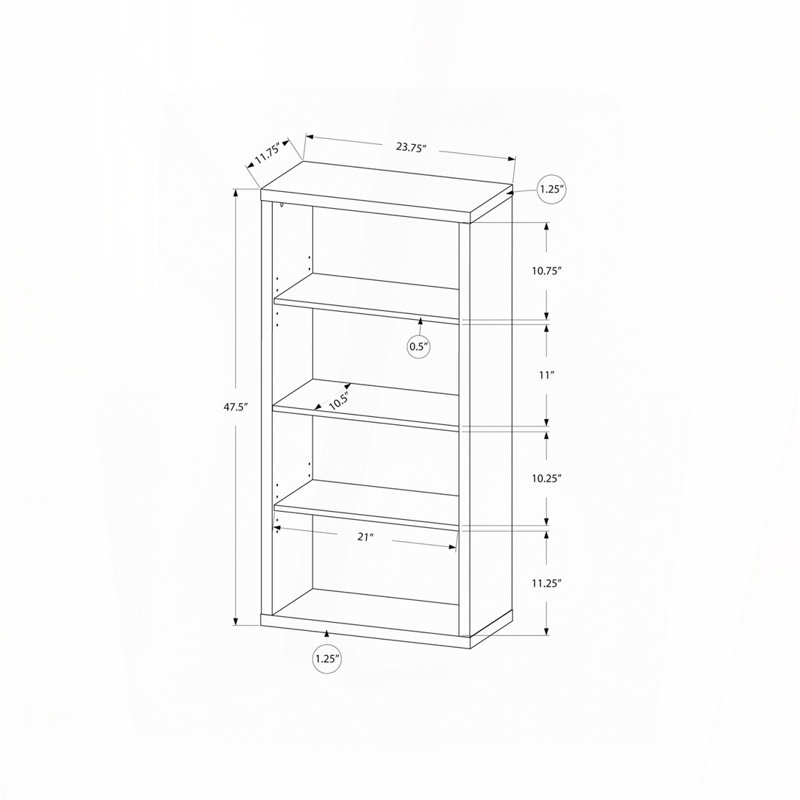 Bibliothèque, bibliothèque, étagère, 5 niveaux, h 48 po, bureau, chambre à coucher, stratifié blanc, contemporain, moderne