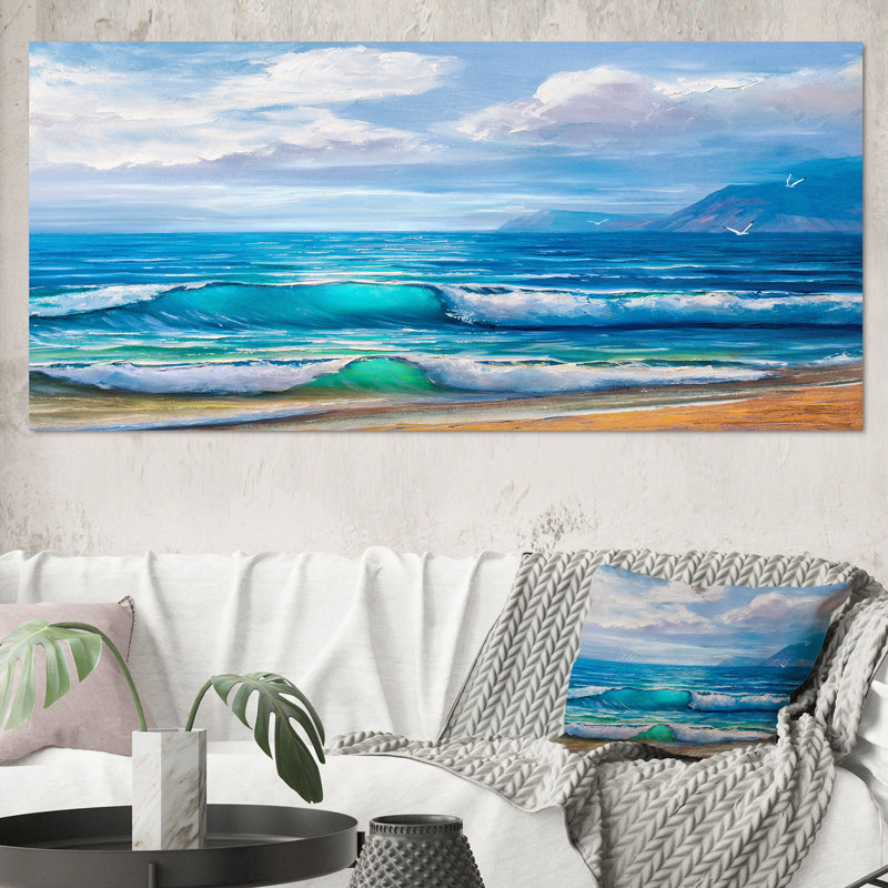 Lumière reflétant les vagues de la mer sur le rivage - peinture sur toile, H 28 po x l 60 po, Toile tendue
