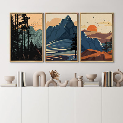"Orange, soleil, montagne, vallée, nature, art moderne, boho, décor, coloré, chic, salon", 3 pièces