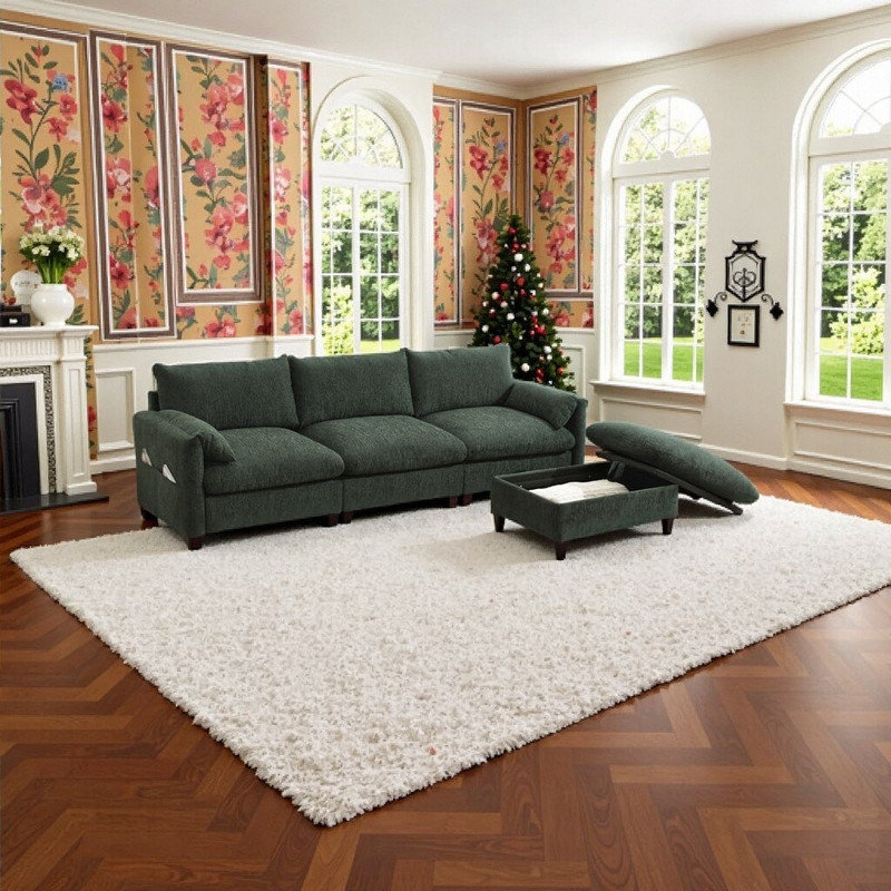 Canapé modulaire en chenille de 96,5 po en L avec repose-pieds, chargeur USB, support de téléphone réglable et rangement pour accoudoirs