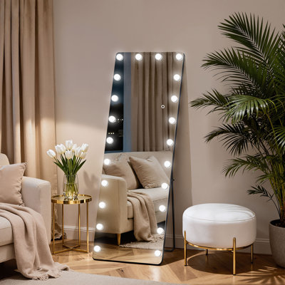 Hollywood Style Full Length LED Mirror – Tempered Glass, Exposed Bulb Front Light, 3 Color Modes, Includes Stand