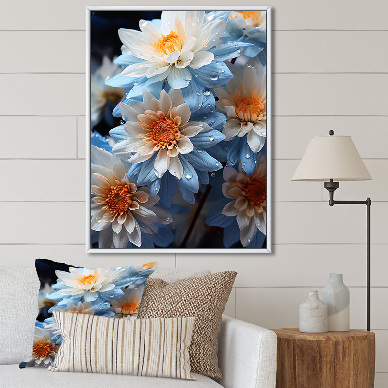 «Blue and White Daisy Bloom Serenade», reproduction sur toile, Cadre flottant blanc, H 40 po x l 30 po x P 1,5 po