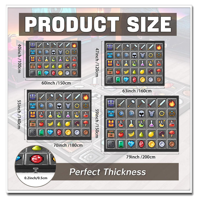 Game Rug Teen Boys Pixel Games Carpet 60"X40" Grey Non-Slip Weapon Medical Decor Mat For Bedroom/Playroom
