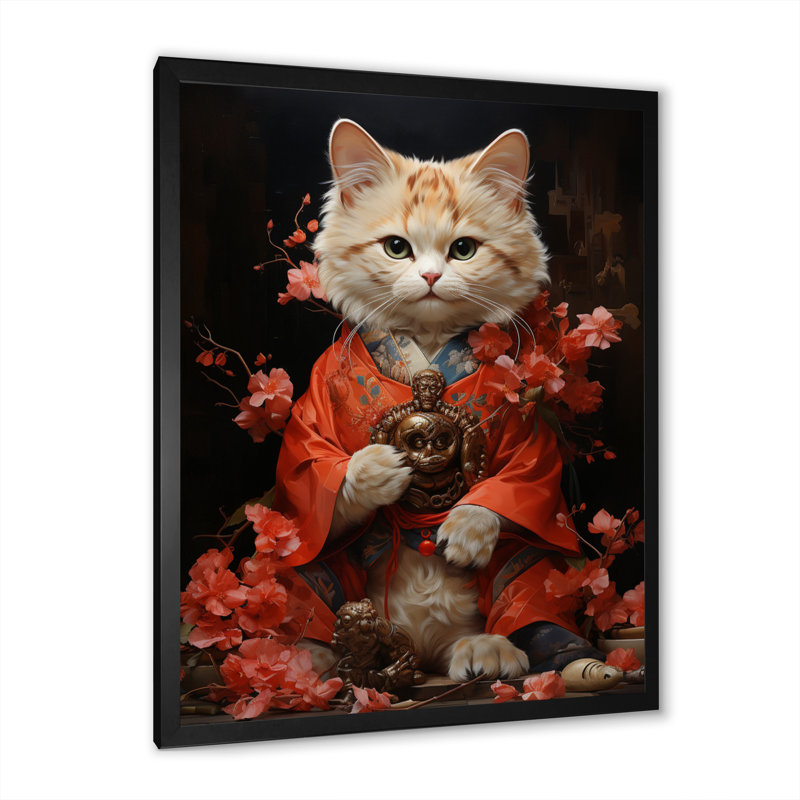 Uzay " Japon Art Waving Manekineko I ", 20" H x 12" W x 1" D, Black Picture Framed