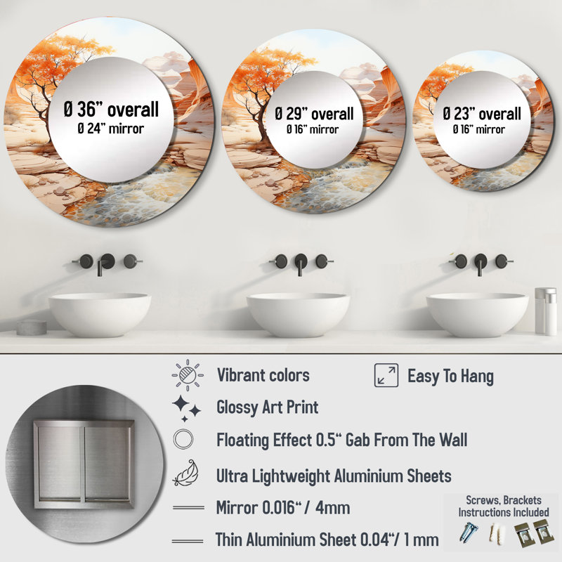 Sanura beige pêche Canyon Mirage - miroir décoratif Canyon, miroir mural rond beige, impression d'art en métal, 23 po x 23 po
