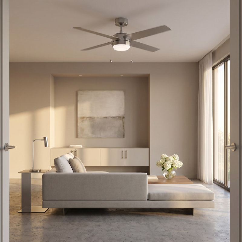 Ventilateur de plafond à DEL Loni 52, Noyer américain / argent lame, Chaîne à tirer, Acier brossé