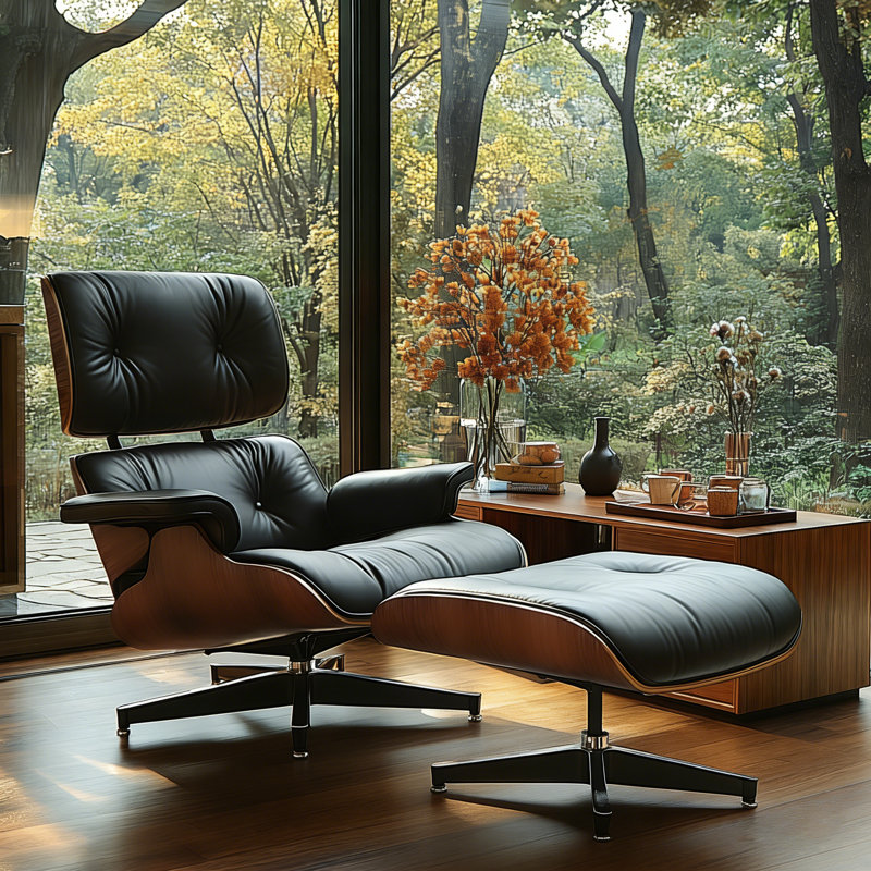 Leather Lounge Chair with Ottoman, Solid Wood Frame and Heavy-Duty Aluminum Alloy Base, Black PU/Light Walnut