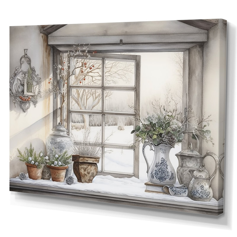 Fenêtres, charme scandinave d'hiver sur toile, Toile tendue, H 34 po x l 44 po x P 1,5 po