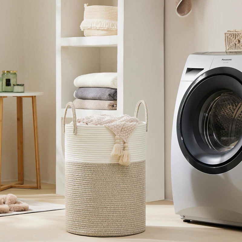 Panier à linge tissé avec poignées, Blanc / kaki, H 20 po x l 15 po x P 15 po
