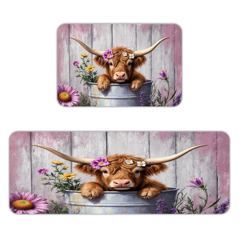 Ensemble de 2 tapis de cuisine Highland Cow, Vache Highland avec motif floral