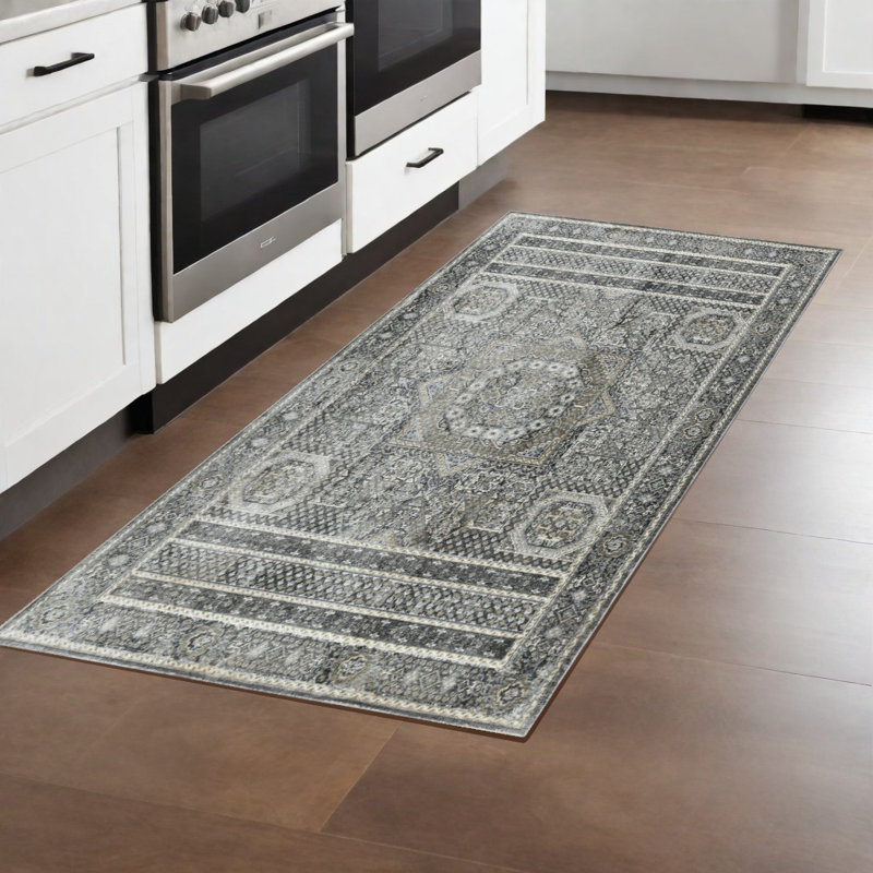 8' Charcoal And Gray Medallion Runner Rug