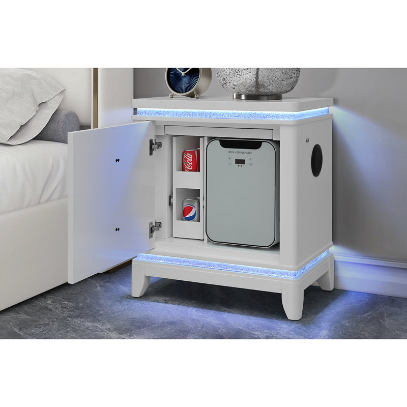 Table de chevet blanche avec glacière, USB et haut-parleur Adalid