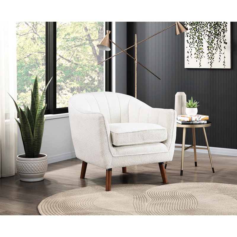 Chaise rembourrée de style Mid-Century moderne, chenille blanche, bois massif avec pieds, structure texturée avec revêtement amovible, finition des pieds bruns
