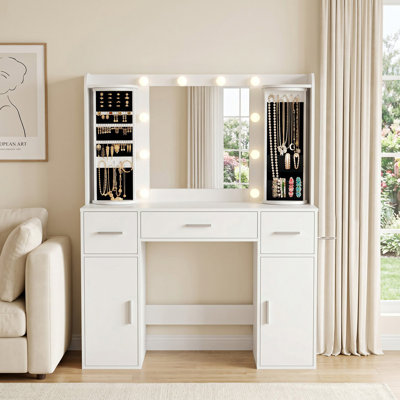 Meuble-lavabo de 43,3 po de largeur avec miroir à DEL et prise de courant, coiffeuse de maquillage avec organisateurs de bijoux rotatifs, 3 tiroirs et 2 armoires pour la chambre à coucher, le vestiaire