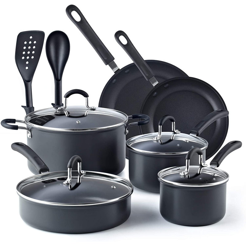 12-Piece Black Aluminum Nonstick Cookware Set with Glass Lids