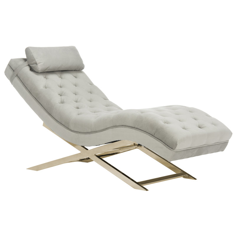 Chaise longue sans accoudoirs capitonnée Mabella, Velours gris, Laiton