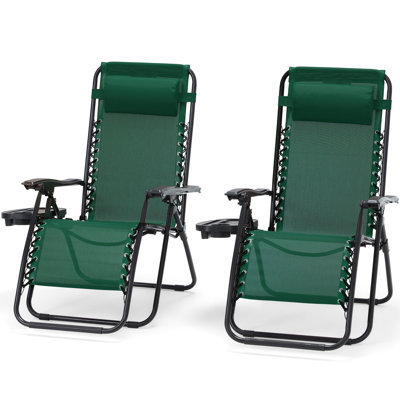 Set of 2 Zero Gravity Lounge Chairs, Folding Reclining Patio Chairs with Cup Holder & Headrest