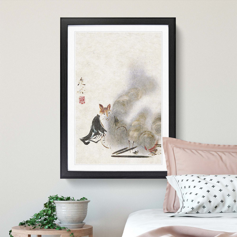 Fox by a Fire by Shibata Zeshin - Framed Print, Black Framed, 48cm H x 36cm W x 2cm D