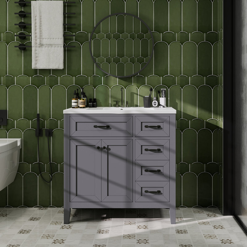 Meuble-lavabo 36 po avec lavabo, armoire de salle de bain avec tiroirs, structure solide et panneau de fibres à densité moyenne