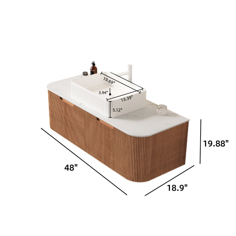 Ensemble de meuble-lavabo mural 48 po à bords arrondis avec lavabo et 2 tiroirs, lavabo rectangulaire en céramique blanc sans robinet, grain de bois naturel
