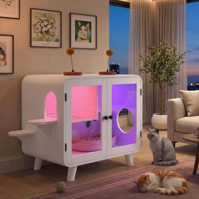  Enceinte de litière pour chat cachée rétro de style télé avec lumières à DEL RVB contrôlées et escalier blanc