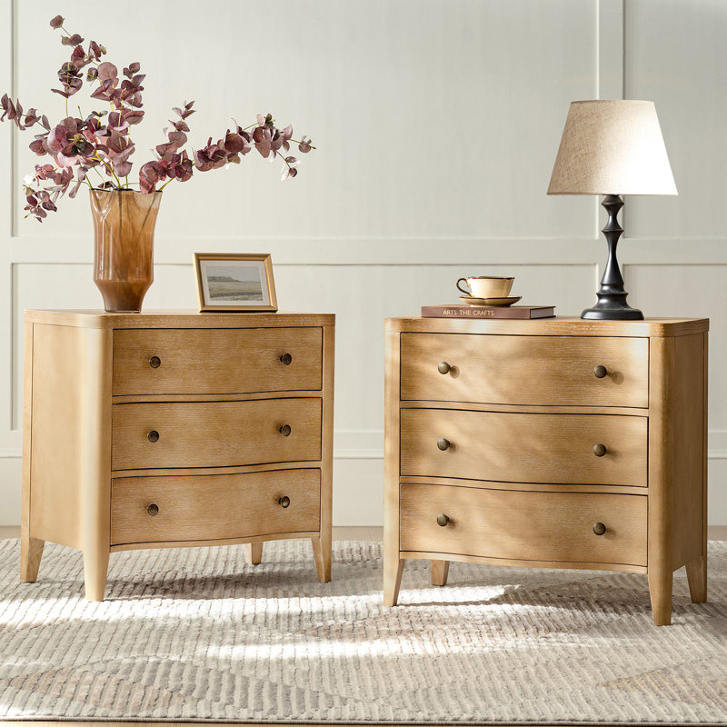 Elfine Modern 27''W 3-Drawers Curves Nightstand with Built-In Charging Station(Set of 2), Natural